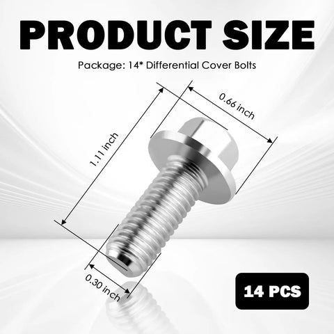 Heavy Duty 14 Piece Rear Differential Cover Bolts M8 125x20mm Hex Head Flange Screws Galvanized Steel size dimensions display
