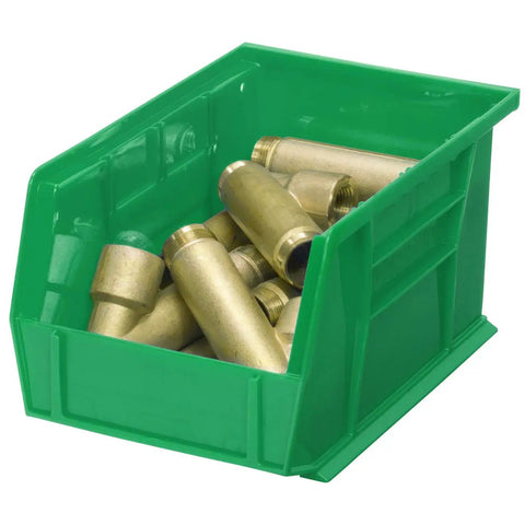 Green plastic storage bin filled with brass fittings, part of the Space Saving Stackable Storage Bins 12 Pack For Garage Pantry And Craft Storage Solutions Durable Plastic Bins That Hold Up To 20 Pounds 9 By 6 By 5 Inches Green