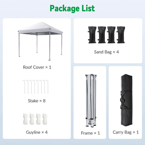 Package contents of 10x10 Pop Up Canopy Tent With Instant One Button Setup Carry Bag Four Sandbags And Eight Stakes Lightweight Outdoor Shade For Parties, Camping, Markets And Events White, including tent, frame, stakes, sandbags, guy lines, and carry bag.