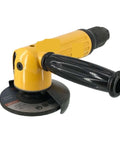 Kickass 4 Inch Pneumatic Angle Grinder Heavy Duty Air Powered Cutting Tool With Swappable Grinding Wheel And Milling Burr Attachment side view with black handle.