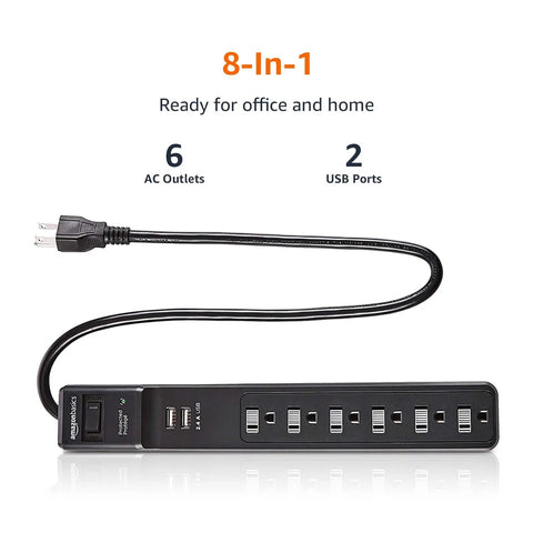 Six Outlet Surge Protector Power Strip With Two USB Ports Two Foot Cord 500 Joule Protection Black Finish 2 Pack shown flat