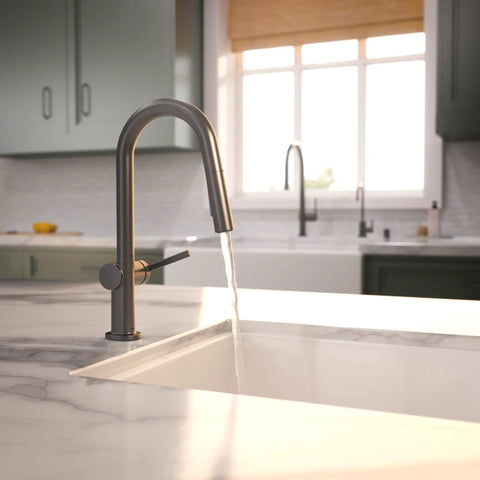 hansgrohe Talis N Pull Down Kitchen Faucet, Modern, Magnetic Hand Sprayer, 1-Handle, 1.75 GPM, Brushed Black Chrome, 72866341 with flowing water