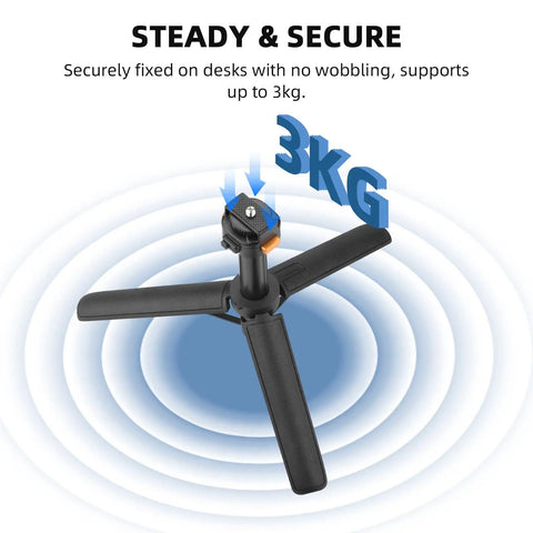 Pocket 3 In One Vlog Tripod Selfie Stick With Extendable Desk Stand in steady tripod mode, supporting up to 3kg on a flat surface.