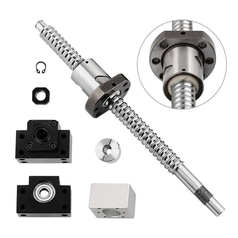 Rolled Ball Screw Kit With End Machined, 1204 Ball Nut, Nut Housing, BK BF10 End Support, 8x8 Coupler shown disassembled, 800mm Length