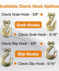 Available Clevis Hook options including 3/8 Inch Grade 70 Clevis Grab Hook and Slip Hook for heavy duty use.