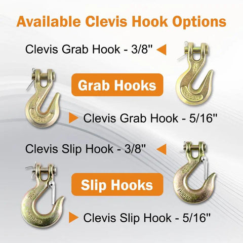 Available Clevis Hook options including 3/8 Inch Grade 70 Clevis Grab Hook and Slip Hook for heavy duty use.
