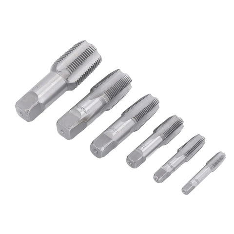 NPT Tap Set Six Piece Carbon Steel Pipe Threading Kit For Auto Shop Fixes Includes One Inch, Three Quarter Inch, One Half Inch