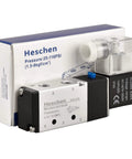 Electric Pneumatic Solenoid Valve 5 Way 2 Position, 220 VAC, 4V210-06 Compatible, 1/8 Inch PT Ports, shown with packaging