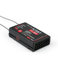 2.4 GHz ANT Protocol Eight Channel RC Receiver With Dual External Antennas For FS ST8 Transmitter And RC Cars Boats And Helicopters Supports Two Way And One Way Binding Rock Solid Signal, black casing close-up