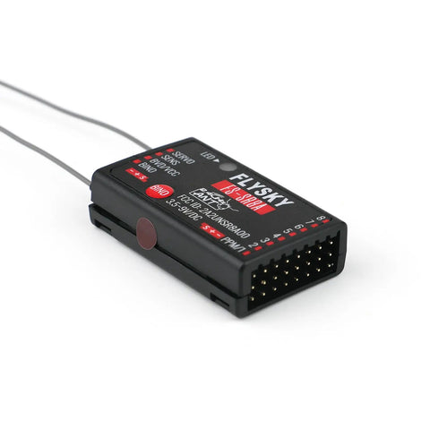 2.4 GHz ANT Protocol Eight Channel RC Receiver With Dual External Antennas For FS ST8 Transmitter And RC Cars Boats And Helicopters Supports Two Way And One Way Binding Rock Solid Signal, black casing close-up