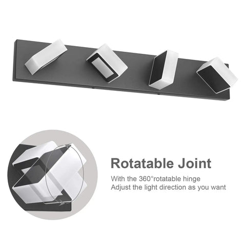 Black Sleek Dimmable LED Vanity Light With Four Lights Modern Stainless Steel And Acrylic Rotatable 360 Degree Wall Fixture