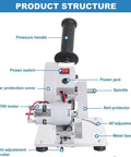 Rock Solid Smooth Operating Mini Desktop Saw For Wood Stone Steel Craft Cutting With Low Noise All Copper Motor Heavy Duty Precision Setup Including Nine Interchangeable Angled Blades Knockout Performance showing detailed parts and structure.