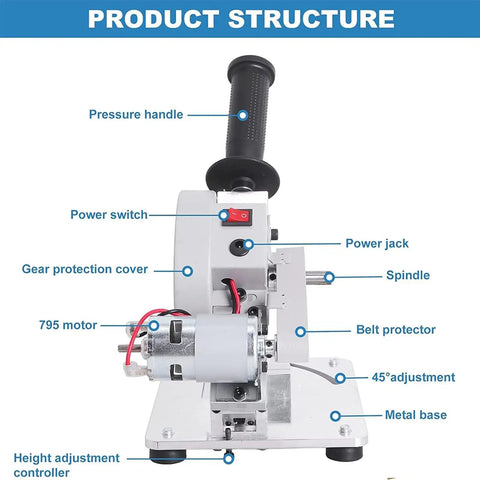 Rock Solid Smooth Operating Mini Desktop Saw For Wood Stone Steel Craft Cutting With Low Noise All Copper Motor Heavy Duty Precision Setup Including Nine Interchangeable Angled Blades Knockout Performance showing detailed parts and structure.