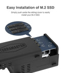 Rock Solid Hybrid Nvme Sata Enclosure hosting two hard drives plus three M2 solid state drives, showing easy installation process.