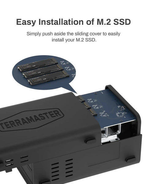 Rock Solid Hybrid Nvme Sata Enclosure hosting two hard drives plus three M2 solid state drives, showing easy installation process.