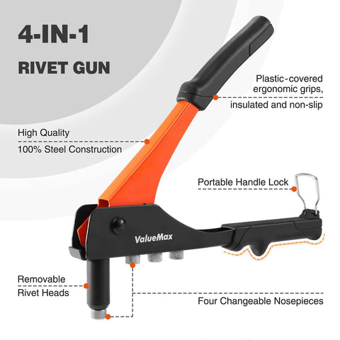 4 In 1 Hand Riveter Kit With 200 Rivets For Metalwork, Heavy Duty Rivet Gun With 4 Interchangeable Nosepieces