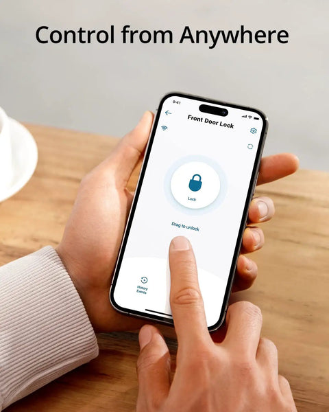 Smartphone showing app remote control for C210 Keyless Entry Smart Lock With Built In WiFi Deadbolt No Bridge Required No Brainer Easy Install
