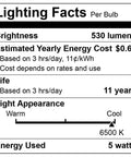 Lighting facts label for 4 Pack 12 Inch T5 LED Replacement Bulbs F8T5DL, 5 Watts, About 530 Lumens, Daylight White 6500K, 120 Volt