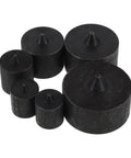 Set Of 6 Heavy Duty Industrial Shaft Guard Caps, Metal End Protectors For Spindle, Axle And Machine Shafts. Black, circular caps.