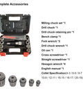 Tough As Nails 1300W Brushless Benchtop Milling Machine accessory kit case with milling chuck, drill chucks, and tools.