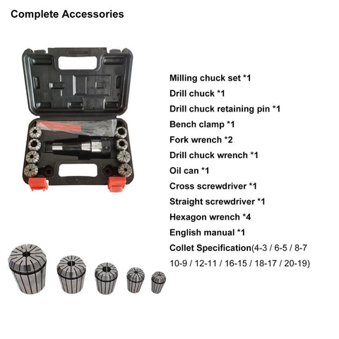 Tough As Nails 1300W Brushless Benchtop Milling Machine accessory kit case with milling chuck, drill chucks, and tools.