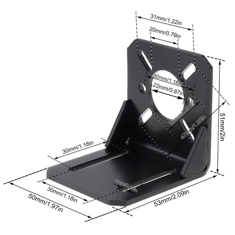 Universal motor mount bracket with precise measurements for CNC and 3D printers, steel construction 3mm thick, L-type design
