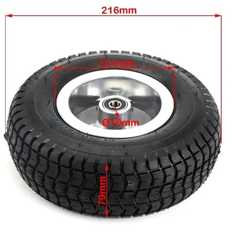 Nine Inch All In One Tire With Inner Tube And Rim Preassembled 9x3.50-4 Or 3.00-4 shown with measurement details