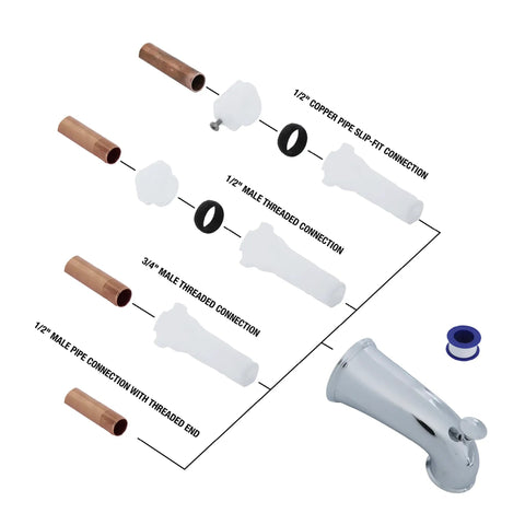 Decorative Bathtub Spout With Pull Up Diverter, 6 Inch Chrome Finish, adapters for copper pipe; parts view