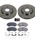 PowerStop front brake kit for Nissan Rogue (2014-2020): front view with two rotors, four ceramic pads, and hardware
