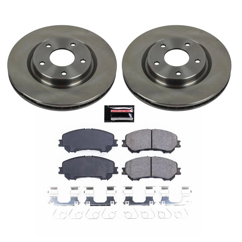 PowerStop front brake kit for Nissan Rogue (2014-2020): front view with two rotors, four ceramic pads, and hardware