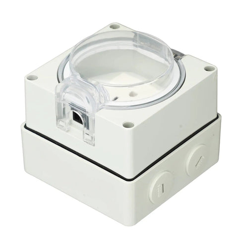 Heavy Duty Outdoor Electrical Outlet With Clear IP66 Rated Cover, weatherproof design for reliable power on patios.