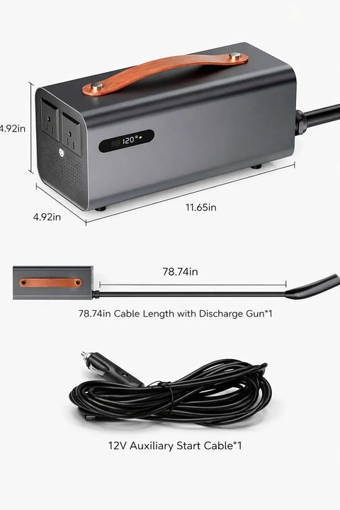 Plug And Play Tesla V2L Power Adapter with wooden handle, 120V outlet, 3500W capacity, compact design for portable use.