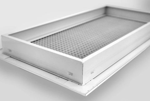 Premium Aluminum Eggcrate Return Air Grille for 1 Inch Filter, 12 by 20 Cube Core, White Finish, angled product view.