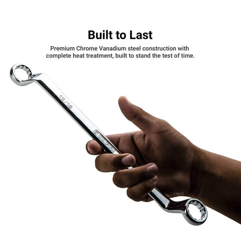 Extra Clearance And Leverage To Tackle Hard To Reach Fasteners In Tight Spaces With A Deep 75 Degree Offset Double Box End Wrench Set SAE One Quarter To One Inch 7 Piece With Heavy Duty Canvas Pouch