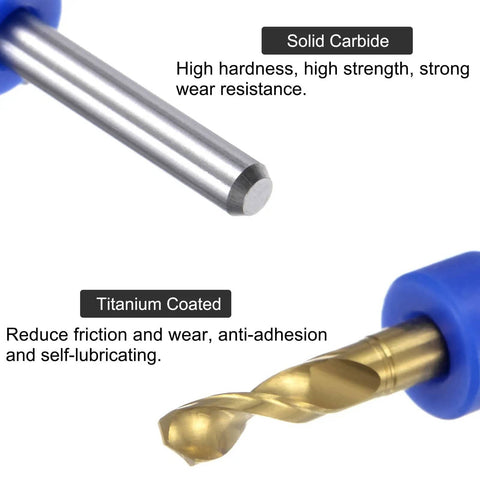 Close-up of Titanium Coated 3mm Carbide PCB Drill Bits Set 1 8th Inch Shank with solid carbide and titanium coating details.