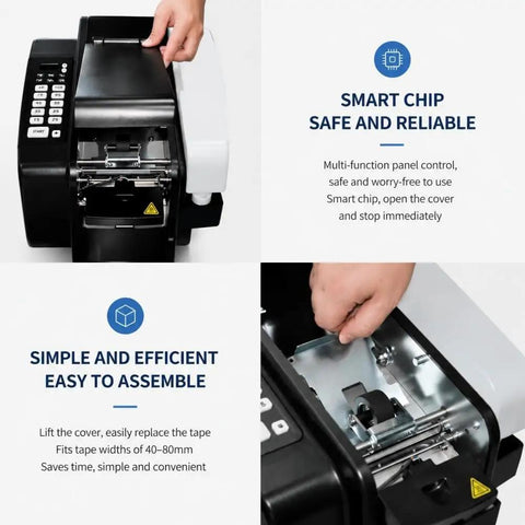 Electric Water Activated Tape Dispenser And Kraft Paper Tape Cutter With Instant Heater For Heavy Duty Shipping Sealing, showing control panel and tape replacement.