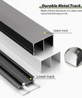 Bypass Sliding Door Hardware Kit for Closet And Cabinet Doors, shown with black and silver aluminum pocket tracks and rollers