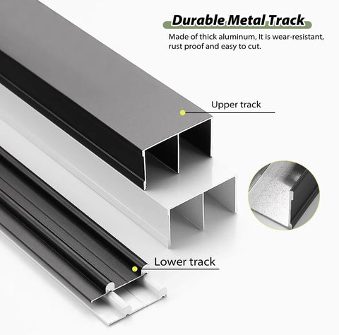 Bypass Sliding Door Hardware Kit for Closet And Cabinet Doors, shown with black and silver aluminum pocket tracks and rollers