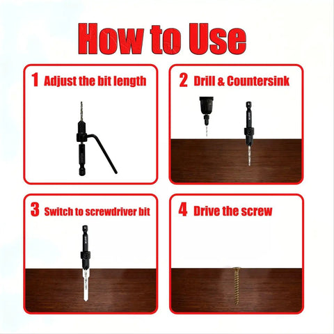 Must Have Countersink Drill Bit Set For Woodworking, 5 Pc Adjustable Counter Sink Bits In Sizes 4 6 8 10 12 usage instructions