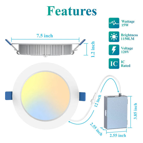 Diagram of 6 Inch Smart Recessed LED Can Lights with WiFi App and Remote, Tunable White 2700K to 6500K, 15W 1150LM