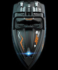 Off Road Remote Control Jet Boat With Dual Batteries And 4 Channel LED Lights Top Speed 15 To 20 Kilometers Per Hour Easy To Control In Shallow Or Deep Water Built In Propeller Guard Perfect For Adults 14 And Up Beasts On The Water, top view showing sleek design and LED lights