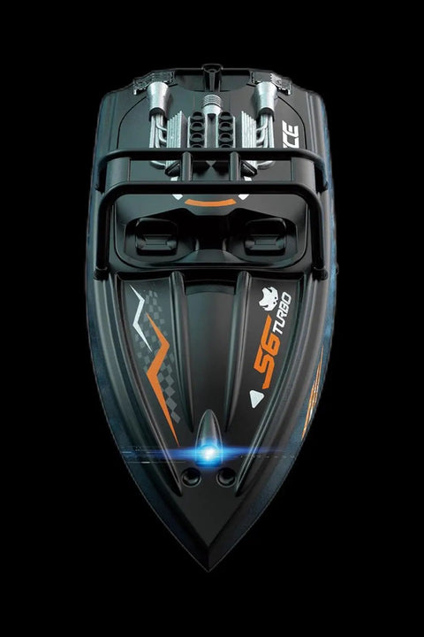 Off Road Remote Control Jet Boat With Dual Batteries And 4 Channel LED Lights Top Speed 15 To 20 Kilometers Per Hour Easy To Control In Shallow Or Deep Water Built In Propeller Guard Perfect For Adults 14 And Up Beasts On The Water, top view showing sleek design and LED lights