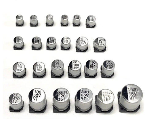 400 Piece SMD Aluminum Electrolytic Capacitor Kit With 24 Value Assortment From 1uF To 1000uF 50V Rating neatly arranged in rows
