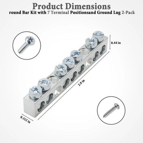 Dimensions of 7 Terminal Ground Bar Kit For Square D Electrical Panels Two Pack; measurements and screws shown