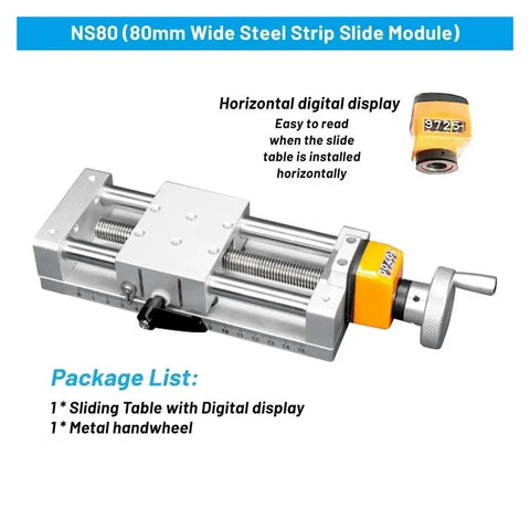 80mm Manual Digital Linear Slide Table Z Axis Screw Actuator For Industrial Use With Beefy Aluminum Housing IP54 IP65 Protection Front And Rear Mounting Brackets 24V DC High Efficiency Workhorse Motion System, horizontal digital display and handwheel