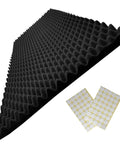 Egg Crate Acoustic Foam Panel 48 By 24 By 2 Inches Black Dope Soundproof Studio Foam For Walls Noise Reducing Sound Panels Echo And Reverb Control Ideal Acoustic Treatment For Home Studio displayed with adhesive circles.