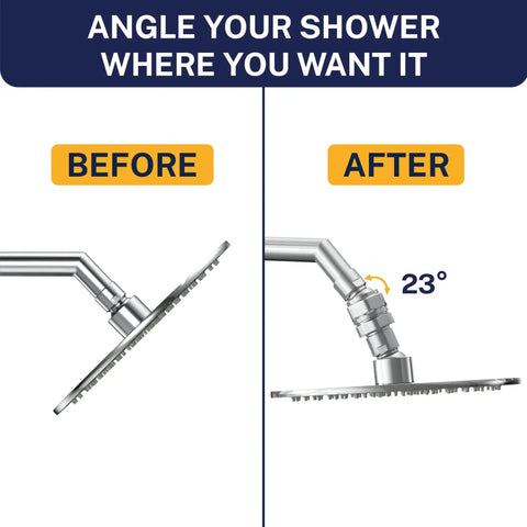 Solid Metal Shower Head Swivel Ball Adapter Chrome Heavy Duty Adjustable Pivot Ball For Easy Angle Control demonstration before after