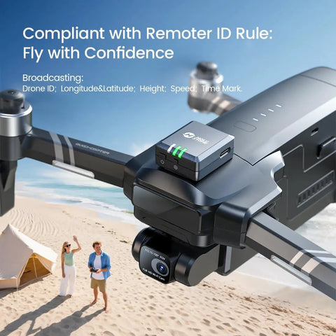 FAA Compliant Remote Identification Broadcast Module For GPS Drones With 4K Camera Spare Parts Kit installed on drone at beach.