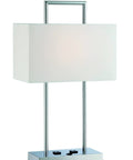 Jaymes Chrome Table Lamp With White Fabric Shade, 26-Inch Tall, 15-Inch Base, Modern Desk or Nightstand Light, front view
