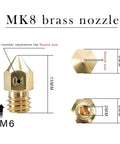 Diagram of MK8 brass nozzle with dimensions, part of 24 Piece Brass MK8 3D Printer Nozzle Set For Makers Pro Grade With 0.2mm 0.4mm 0.6mm 0.8mm 1.0mm Nozzles, DIY Tools And Metal Storage Box, Ready To Print, Compatible With CR 10 Ender 3 Series And More